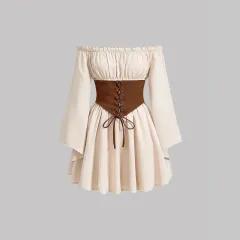 Stylish And Elegant Off-shoulder Long-sleeve Wrap Dress With A Cinched Waist - Apricot - View 1