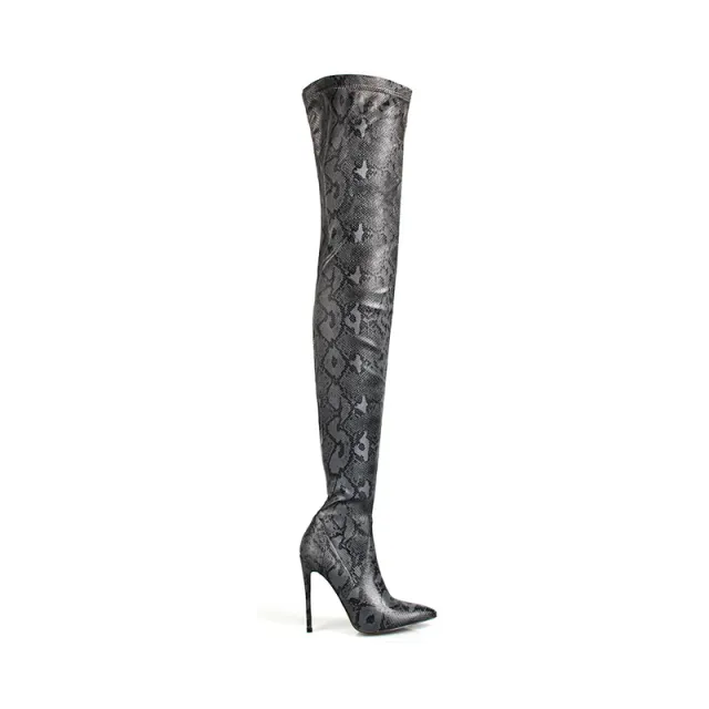 Women's High Heel Snakeskin Pointed Stiletto Heel Over The Knee Boots Gray - Shop at LoveMi