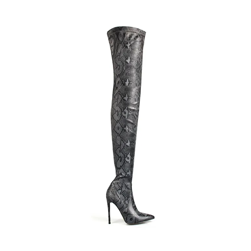 Women's High Heel Snakeskin Pointed Stiletto Heel Over The Knee Boots - Gray