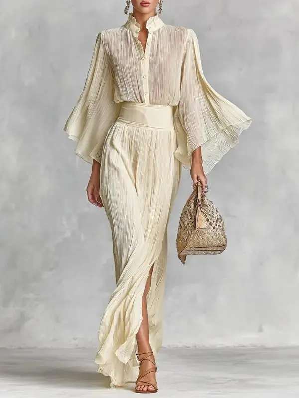 Pleated Wide sleeve Shirt And Maxi Skirt Two piece Women's Set Beige - Shop at LoveMi