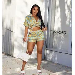 European And American Foreign Trade Women's Clothing Corrugated Printed Short-sleeved Shirt Casual Hot Pants Suit - Printed Yellow - View 1
