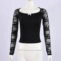 Trendy Lace Long Sleeves Cropped Slim Top - Black - View 1