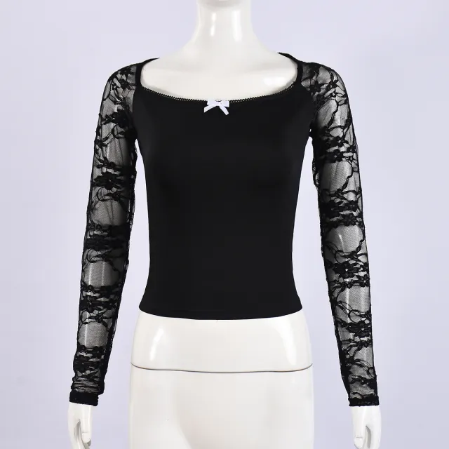 Trendy Lace Long Sleeves Cropped Slim Top Black - Shop at LoveMi
