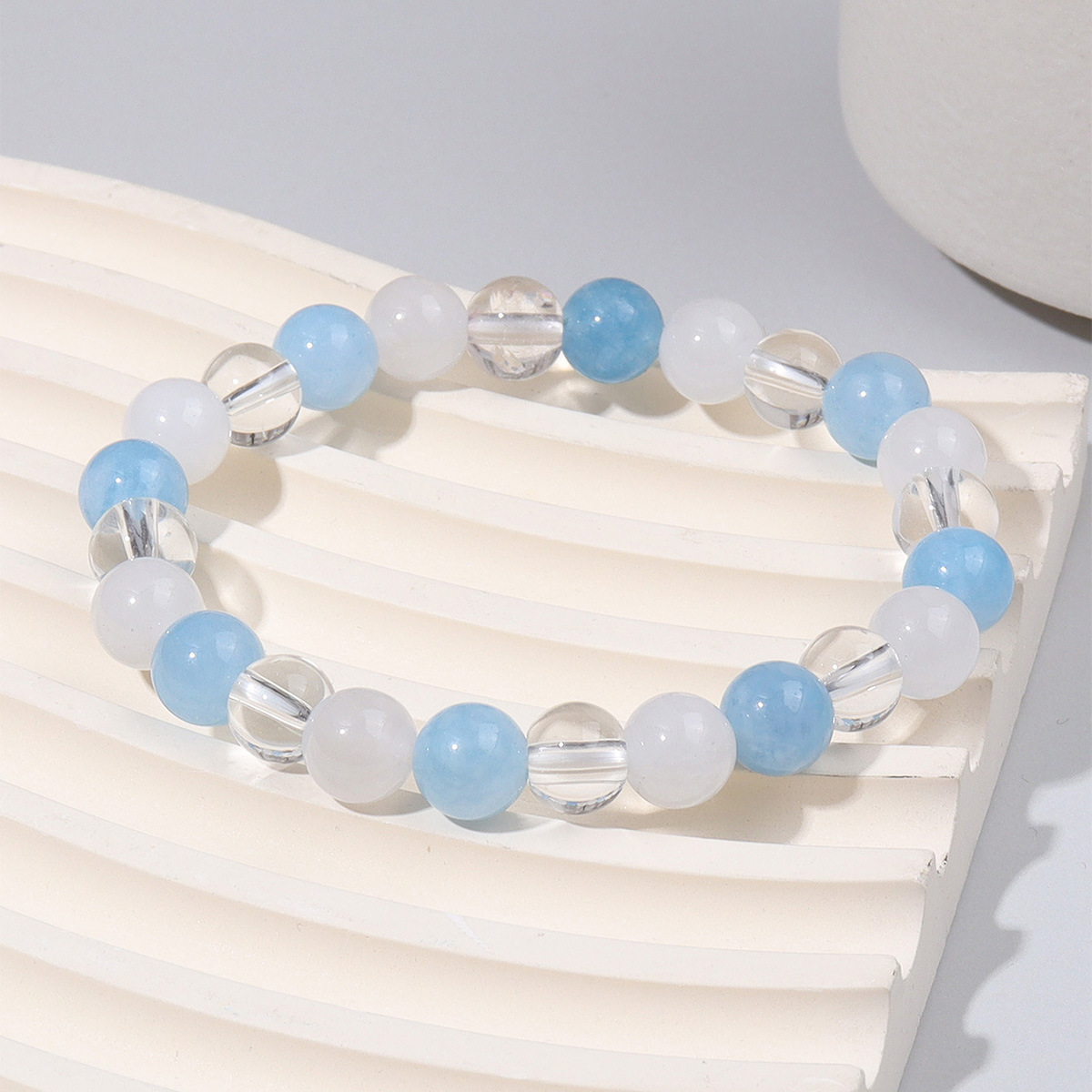 Aquamarine And White Jade Bead Bracelet