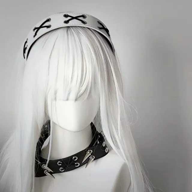 Sharp Claw Kitty Leather Punk Cat Ear Rivet Headband White Cross Headband - Shop at LoveMi
