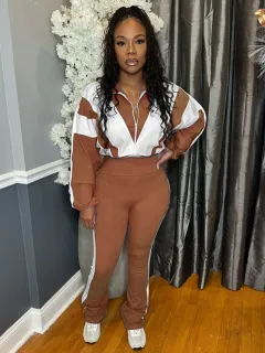 Elastic Buckle Waist Colour Block Stitching Contrast Colour Sports Casual Two-piece Suit - Brown - View 1