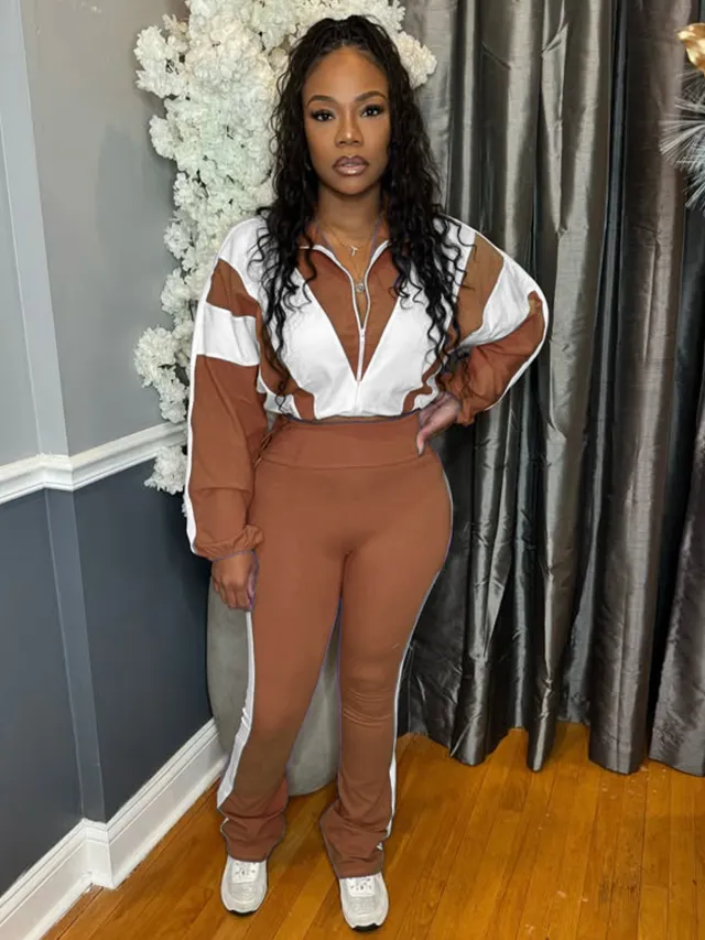 Elastic Buckle Waist Color Block Stitching Contrast Color Sports Casual Two piece Suit Brown - Shop at LoveMi
