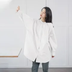 Women's Shirt Dress Cotton Loose Long - White - View 1