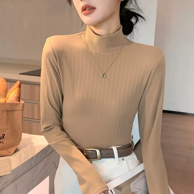 Double sided Dralon Half Turtleneck Bottoming Shirt Women's Long sleeved Warm Top Khaki - Shop at LoveMi