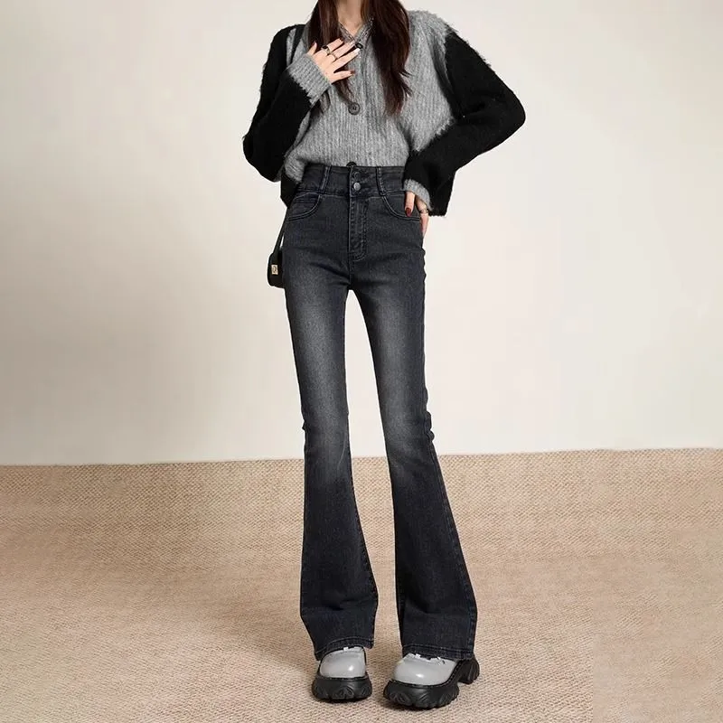 Black-grey Brushed Bootcut Skinny Jeans - Grey