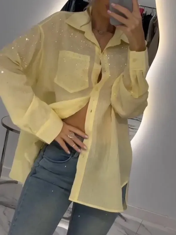 European And American Sequined Thin Shirt Cardigan Yellow - Shop at LoveMi