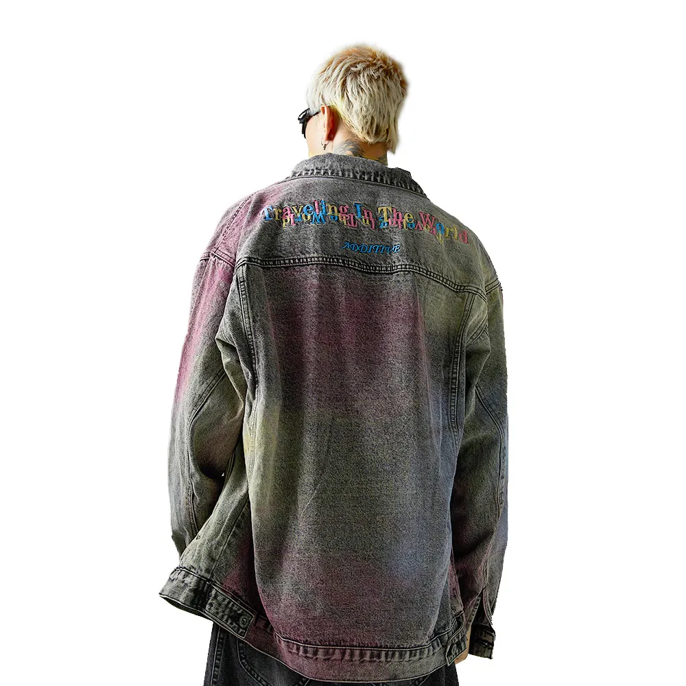 Colored String Spray Embroidery Denim Coat Tie-dyed Washed And Worn Loose