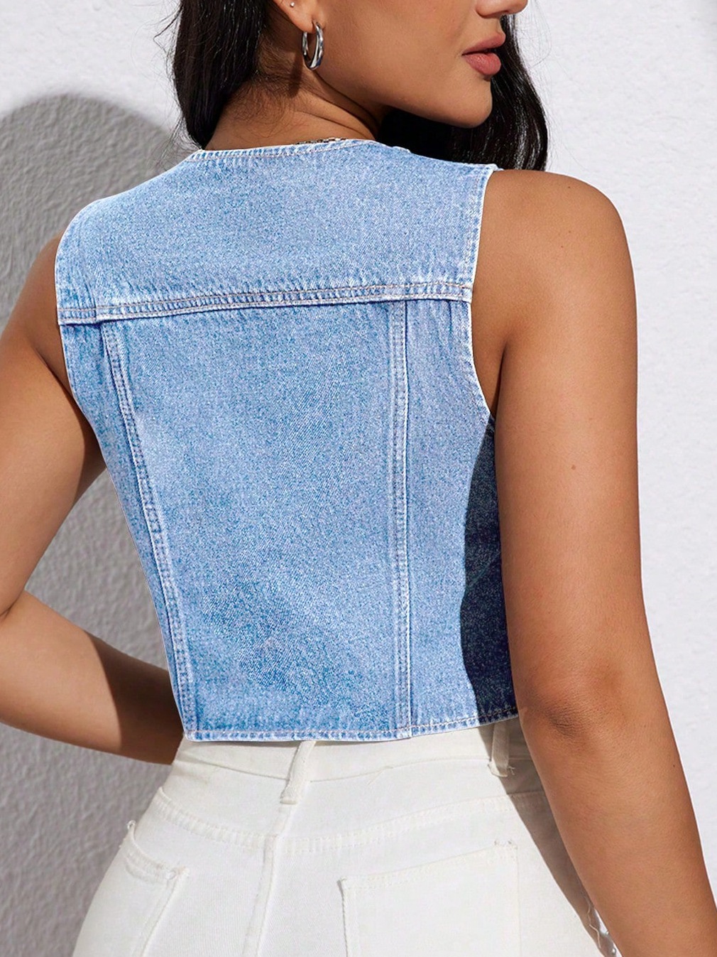 Deep V-Neck Denim Tank Top for Women, Light Blue Slim Fit
