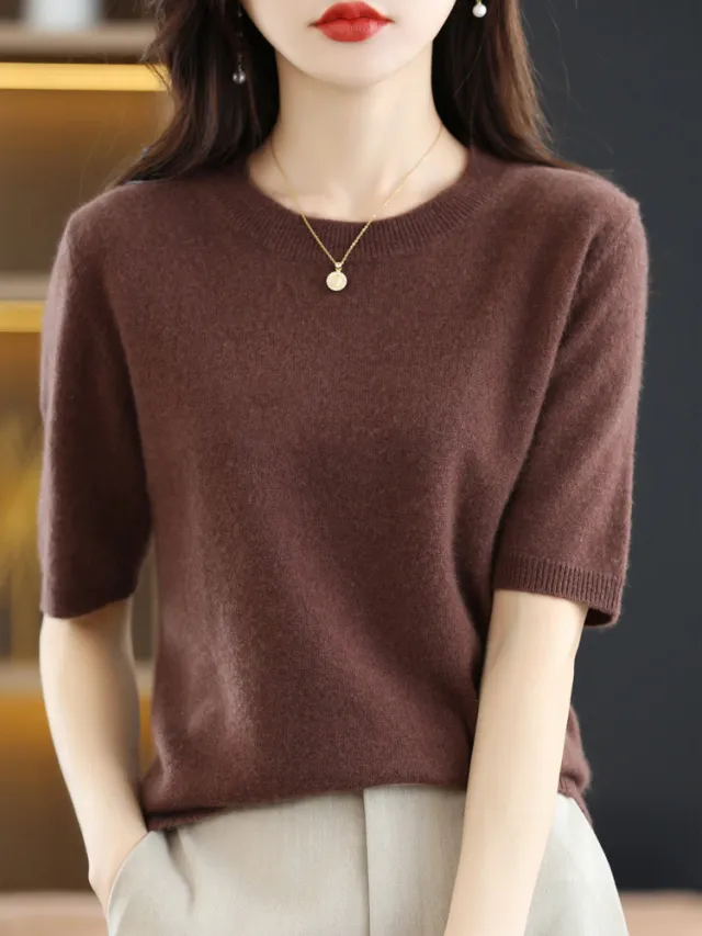 Knitted Short Sleeve Loose T shirt Inner Wear Sweater Non cashmere Bottoming Shirt Brown - Shop at LoveMi