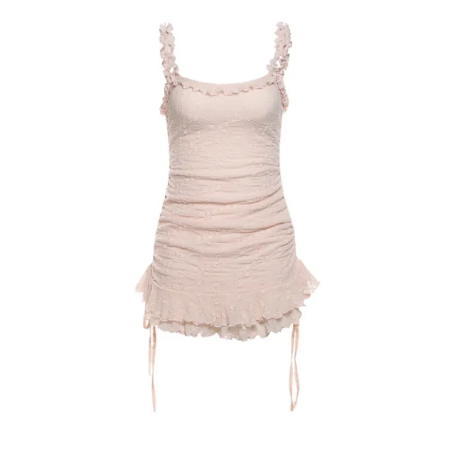 Fashion Sweet And Spicy Sexy Square neck Lace Up Slim Fit Solid Color Dress Women Pink - Shop at LoveMi