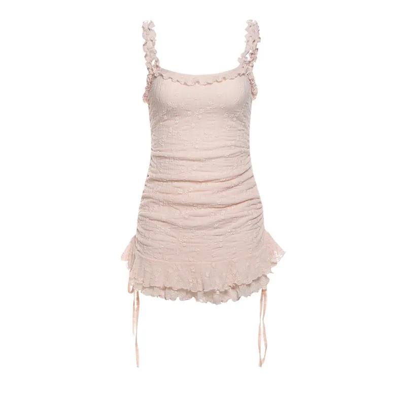Fashion Sweet And Spicy Sexy Square-neck Lace Up Slim Fit Solid Color Dress Women - Pink