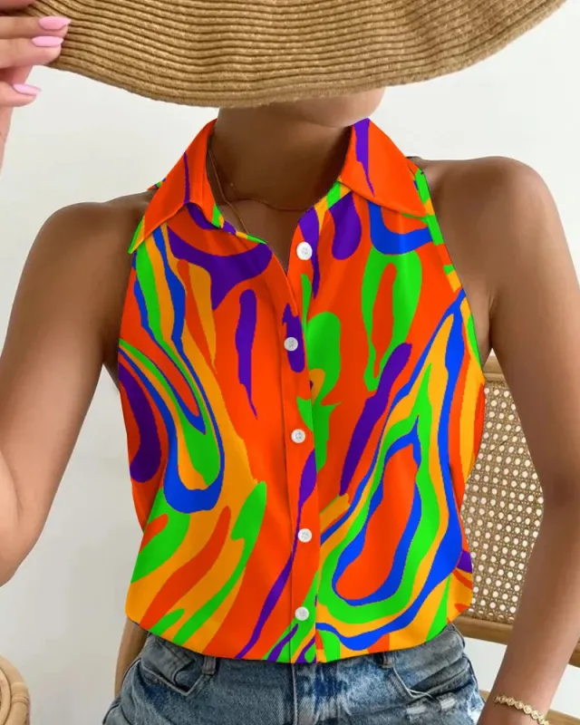Summer Casual Fashion Shoulder baring Sleeveless Abstract Printing Women's Shirt Orange - Shop at LoveMi