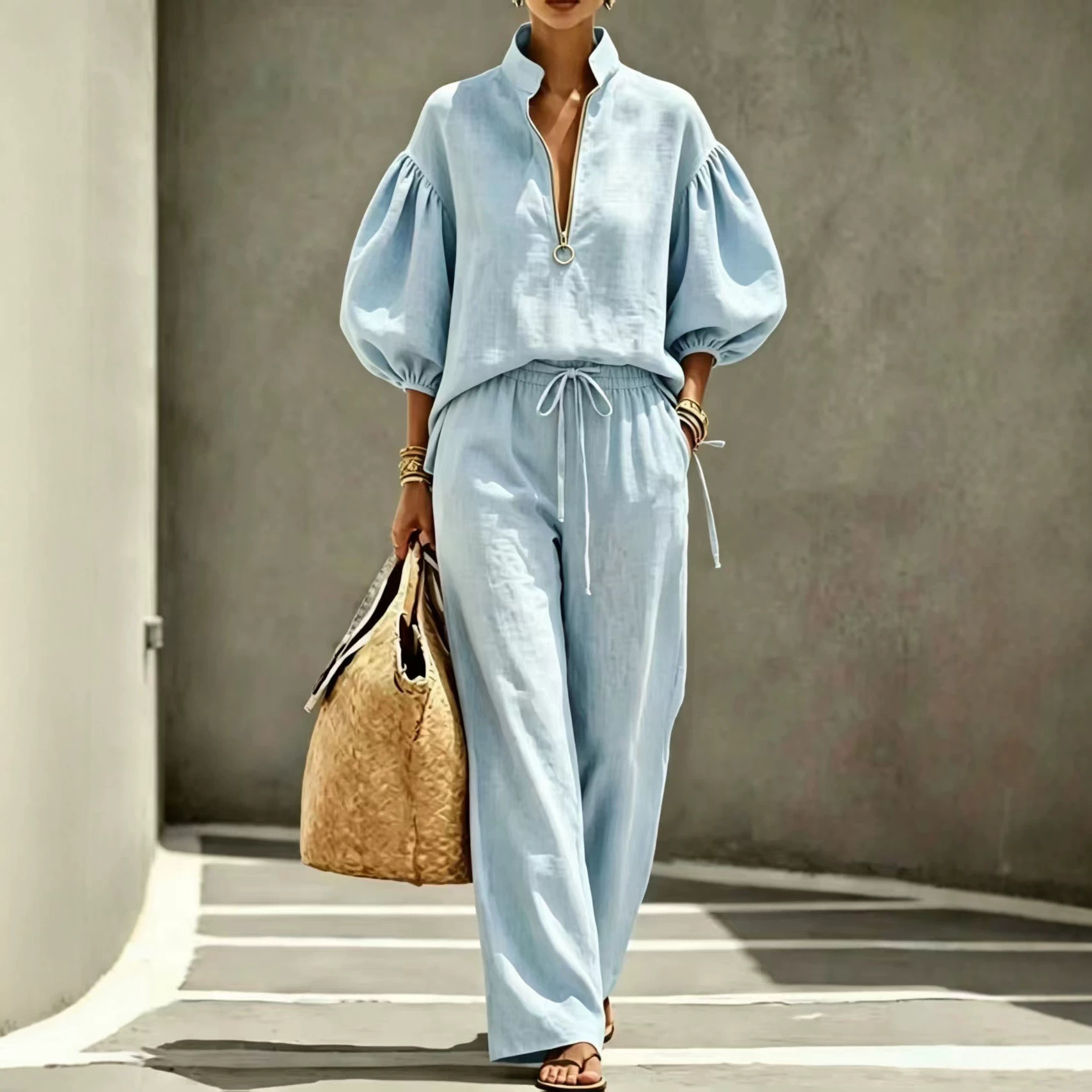 Loose-fitting Solid-color Womens Set With A Half-zip And Puff Sleeves product image