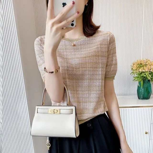 Women's Round Neck Ice Silk Knitwear Pink Apricot - Shop at LoveMi