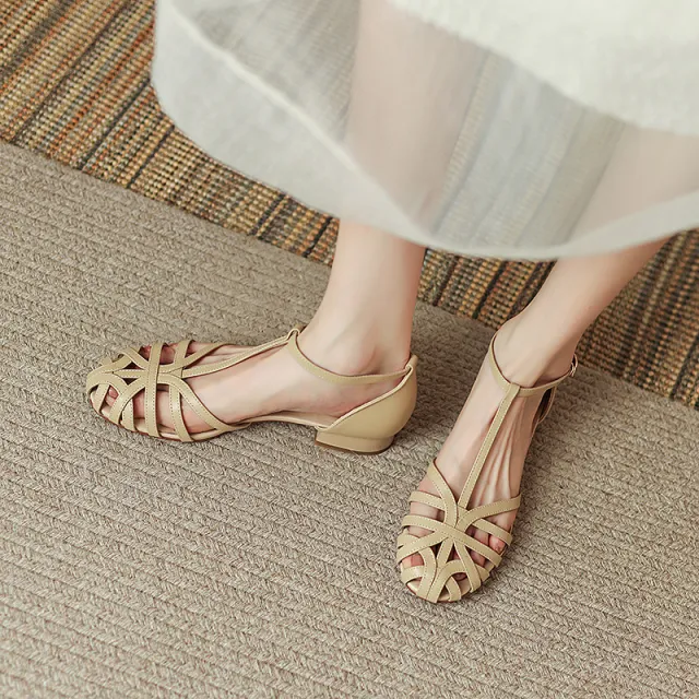 Women's Woven Hollowed Closed Toe Low Heel Flat Sandals Apricot - Shop at LoveMi