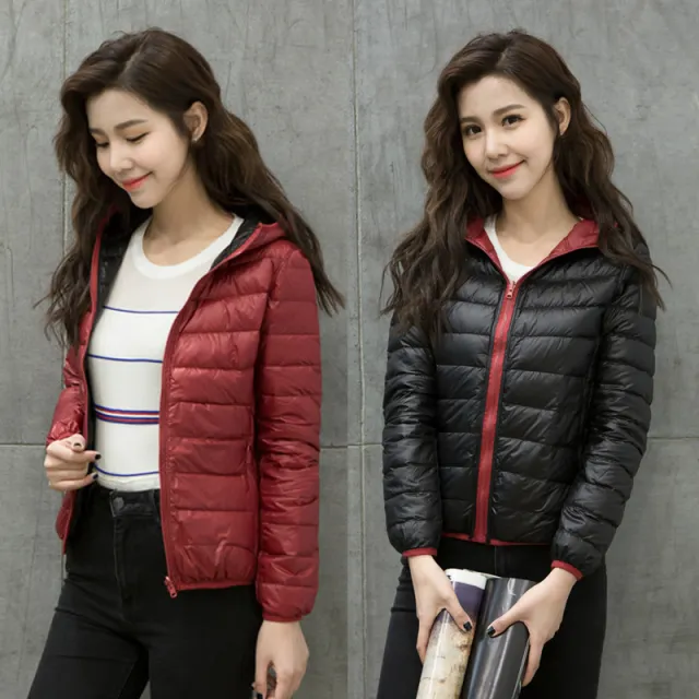 Women's Down Jacket Thin Hood Short Plus Size Solid Color Wine - Shop at LoveMi
