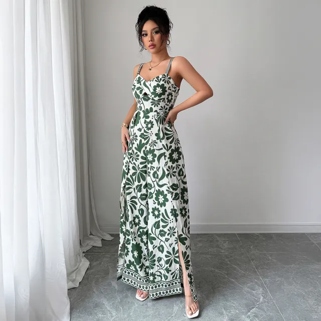 Elegant Graceful Printed Suspender Long Dress Women's Dress Green - Shop at LoveMi