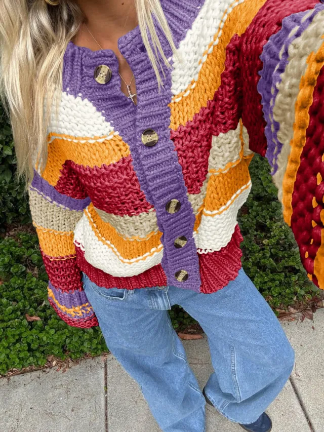 Ladies Striped Thick Needle Button Cardigan Sweater Purple - Shop at LoveMi