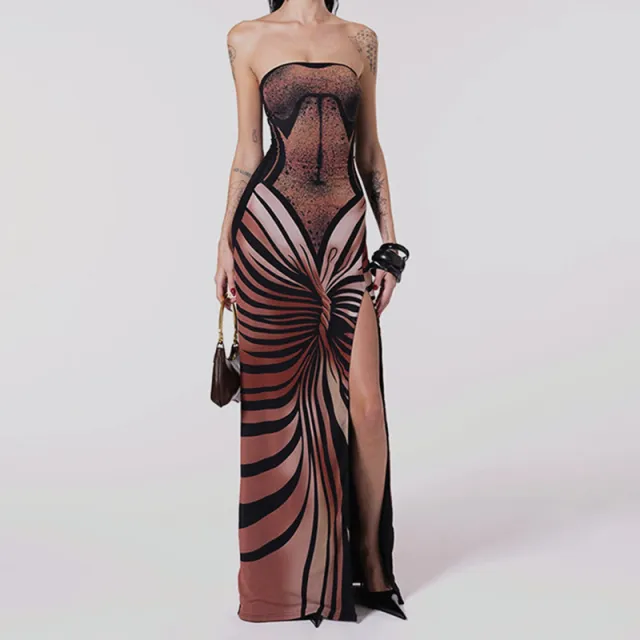 Women's Spring Clothing Tube Top Dress High Slit Long Dress Brown - Shop at LoveMi