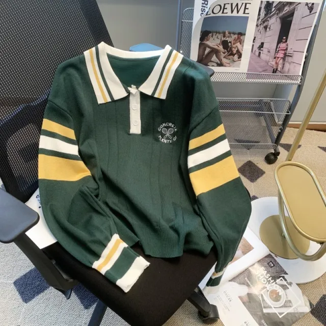 College style Long sleeved Sweater Top With Design Sense Green - Shop at LoveMi