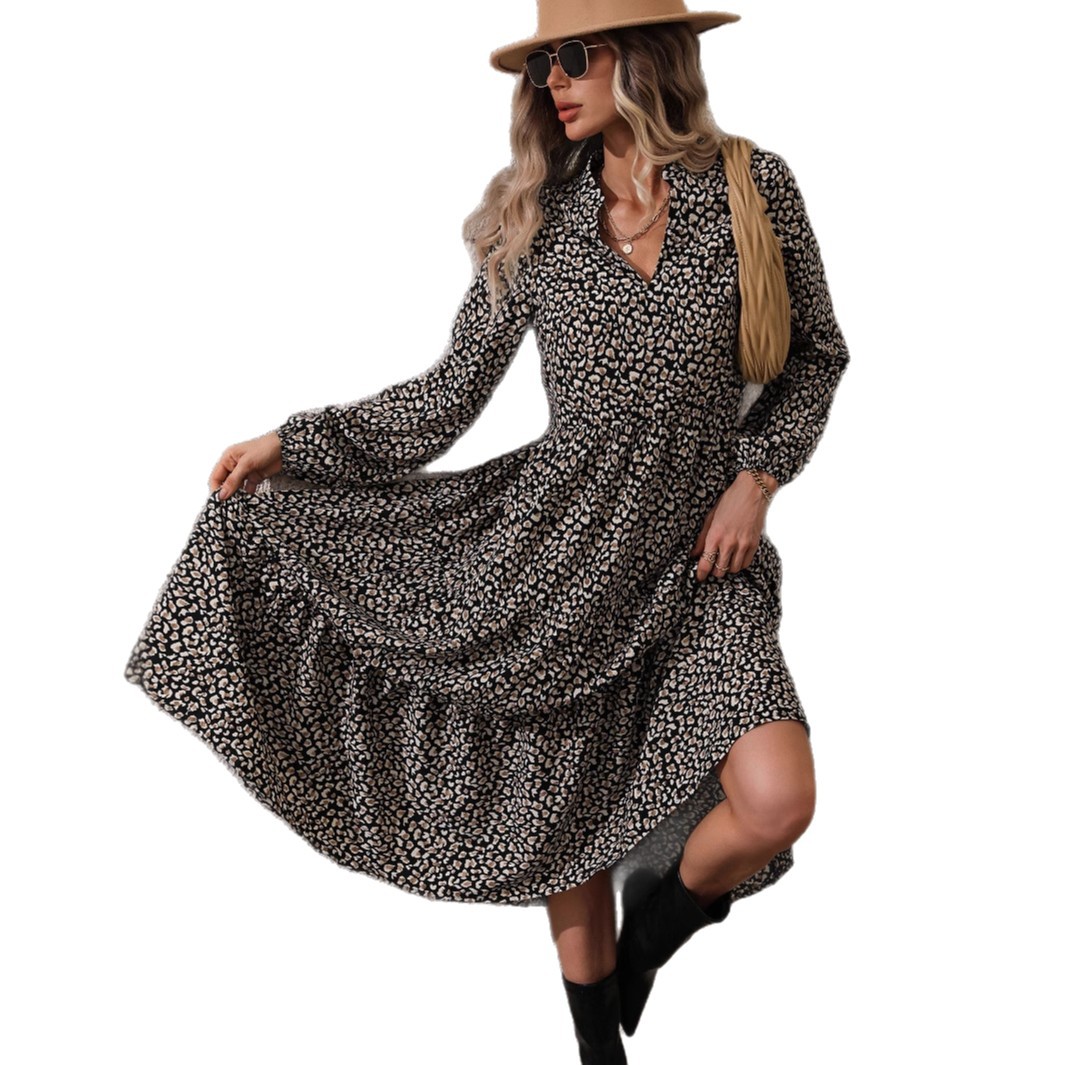 Womens Leopard-Print Elegant V-Neck Resort-Style Dress