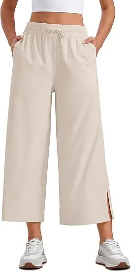 Women's Wide Leg Drawstring Comfort And Casual Loose Cropped Sweatpants Khaki - Shop at LoveMi