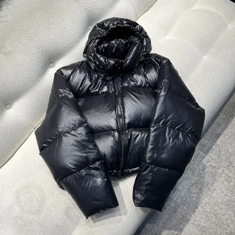 European Goods Down Jacket Women's Short Loose Thick White Duck Down Detachable Hat - Black