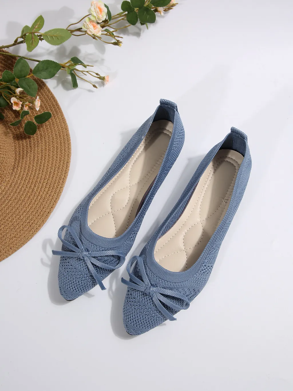 Bow Knitted Loafers Ins Fashion Pointed-toed Flats Shoes For Women - Blue