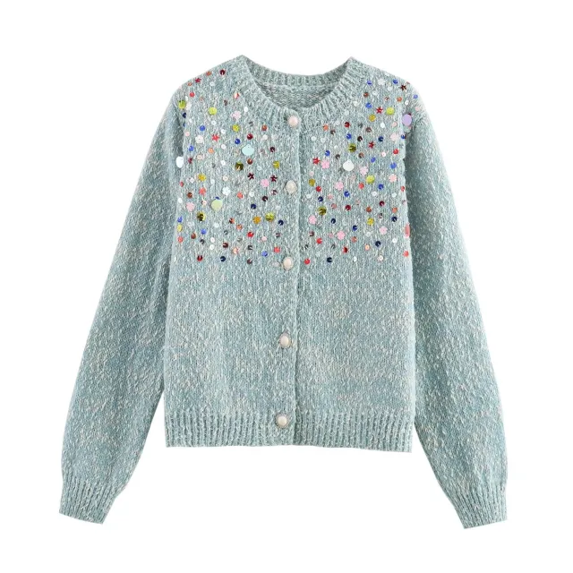 Fashion Girl Color Sequined Knitted Sweater Cardigan Coat Light Blue - Shop at LoveMi