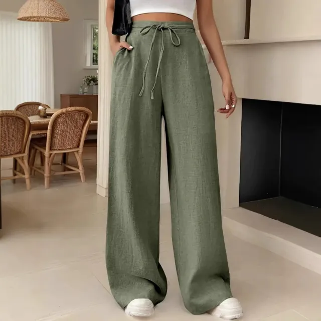 European And American Women's Clothing Casual Wide Leg Lace up Pocket Casual Pants Army Green - Shop at LoveMi