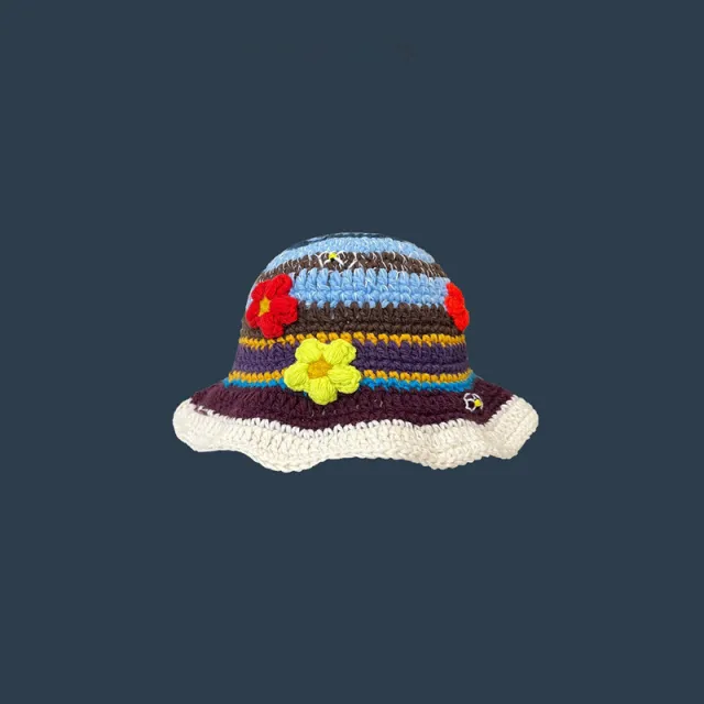 Japanese style Retro Hollow Flower Handmade Knitted Bucket Hat Women Stripes Flowers - Shop at LoveMi