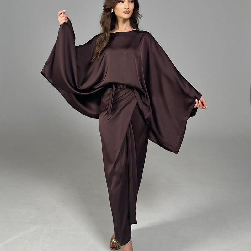 Women's Satin Batwing Sleeve Irregular Long Skirt Suit