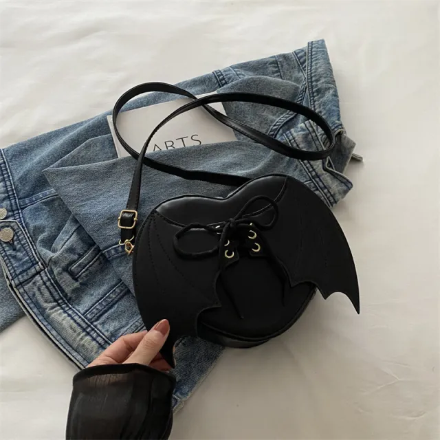 Heart Shape Bag Strap Design Bat Wings One Shoulder Crossbody Bag Black - Shop at LoveMi