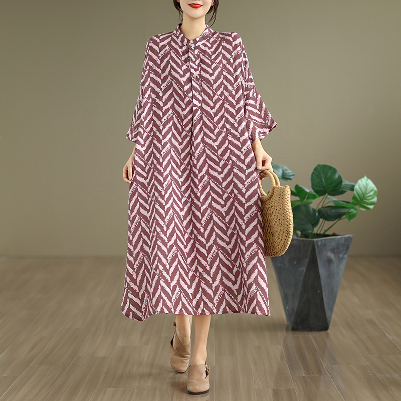 Cotton-linen Printed Mandarin-collar Loose-fit Maxi-length Resort Dress
