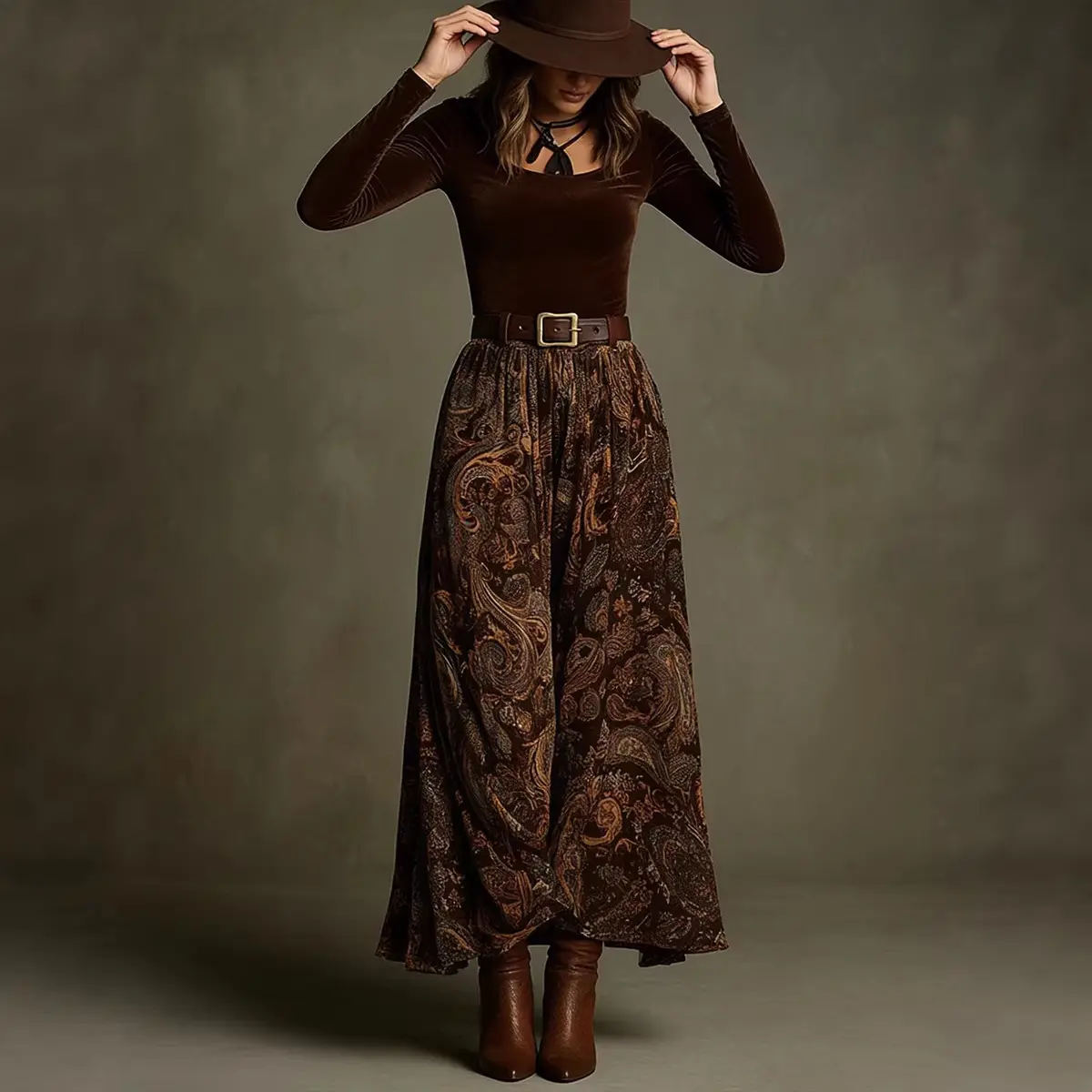 Elegant Flared Vintage-print Long Dress