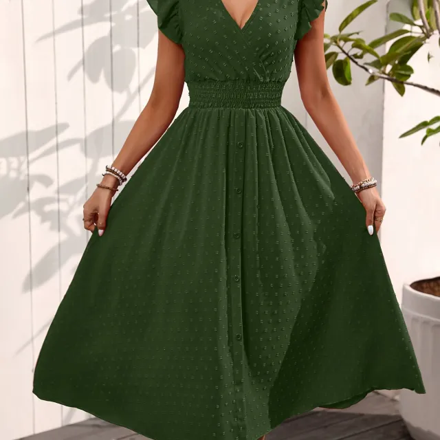Elegant V neck Ruffled Sleeve Women's Summer Short Sleeve Maxi Dress Army Green - Shop at LoveMi