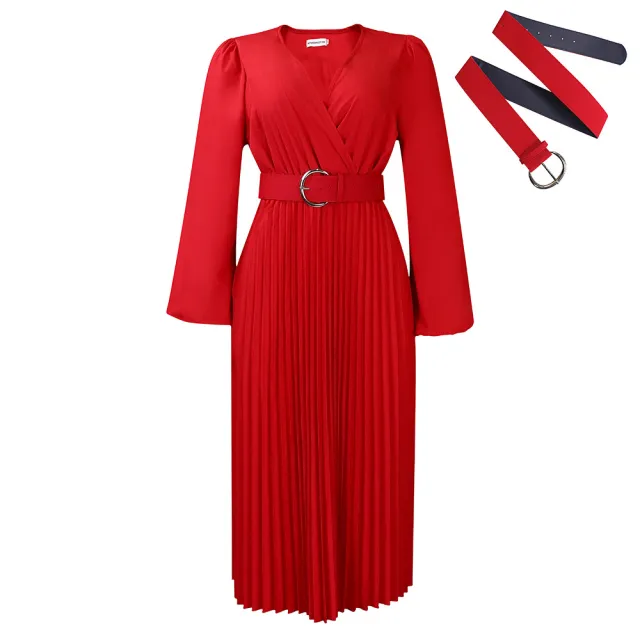Long Sleeve V neck Pleated Midi Dress Red Belt - Shop at LoveMi