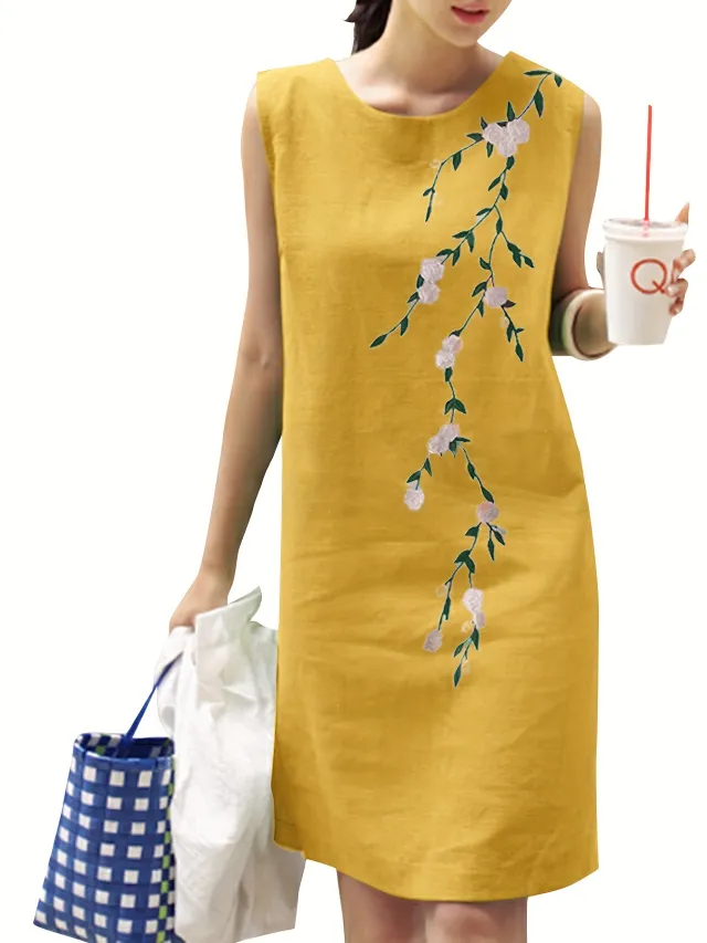 Cotton Linen Round neck Sleeveless Embroidered Dress Yellow - Shop at LoveMi