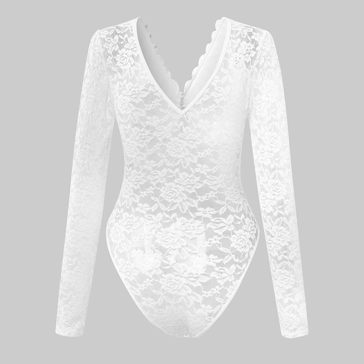 Sexy Solid-Color Lace Long-Sleeve Sheer Bodycon Jumpsuit - Image 2