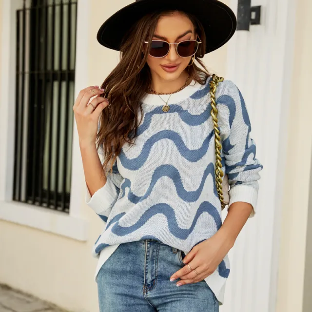 Loose fitting Casual Round neck Wave Brocade Sweater Light Blue - Shop at LoveMi