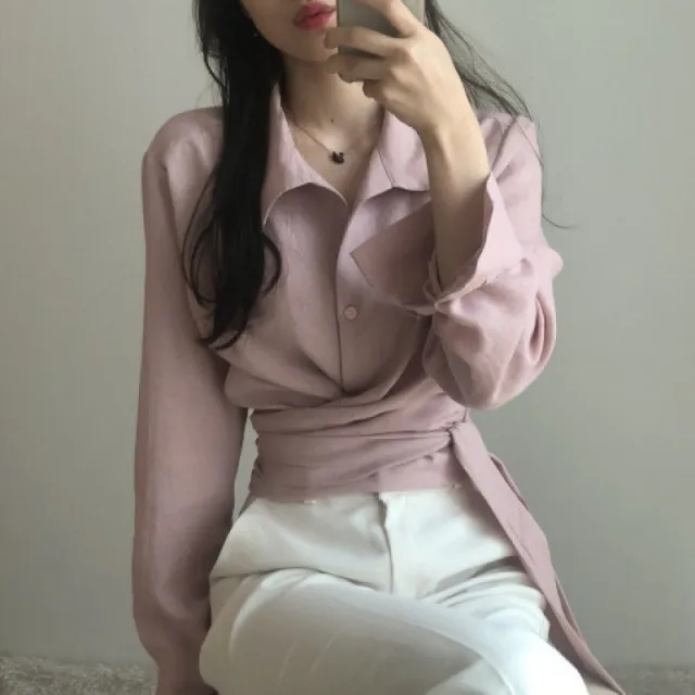 Retro Design Cross Strap Solid Color Lapel Long Sleeve Shirt Pink - Shop at LoveMi