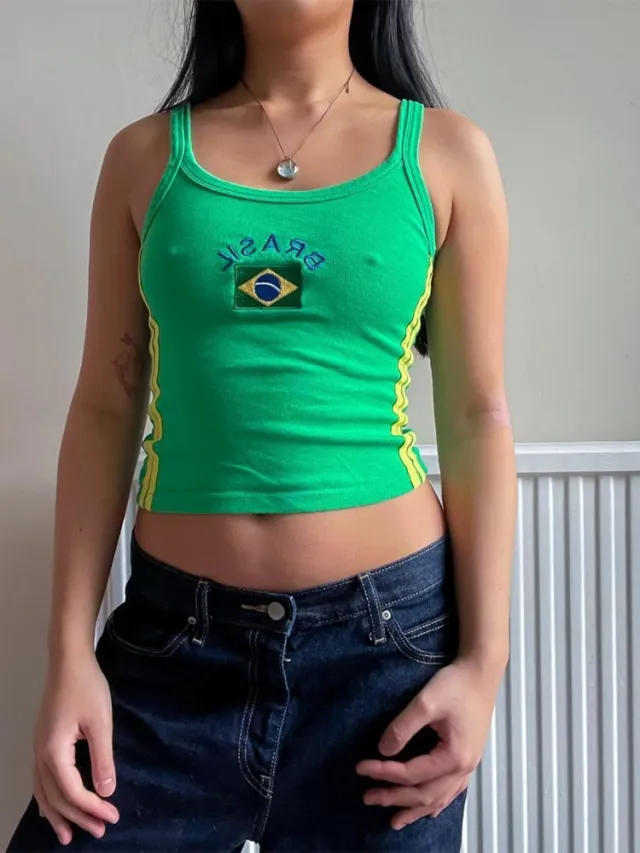 Tube Top Printing Color Contrast Basic Style Camisole Sweet Vest Sleeveless Short Green - Shop at LoveMi