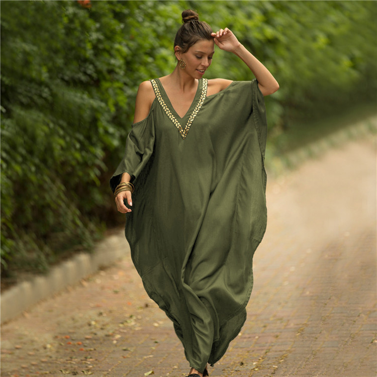 Faux Rayon V-neck Embroidery Loose Sun-protection Shirt Dress — image 1