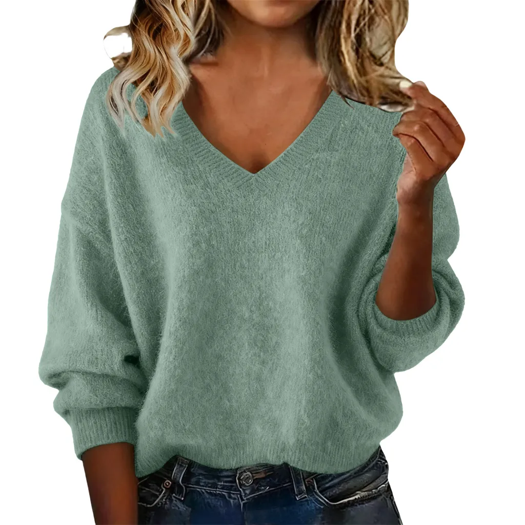 New Fashion Loose Solid Color V-neck Sweater Women - Light Green