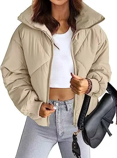 Women's Long Sleeve Zipper Winter Quilted Short Cotton Jacket Women's Bread Light Khaki - Shop at LoveMi